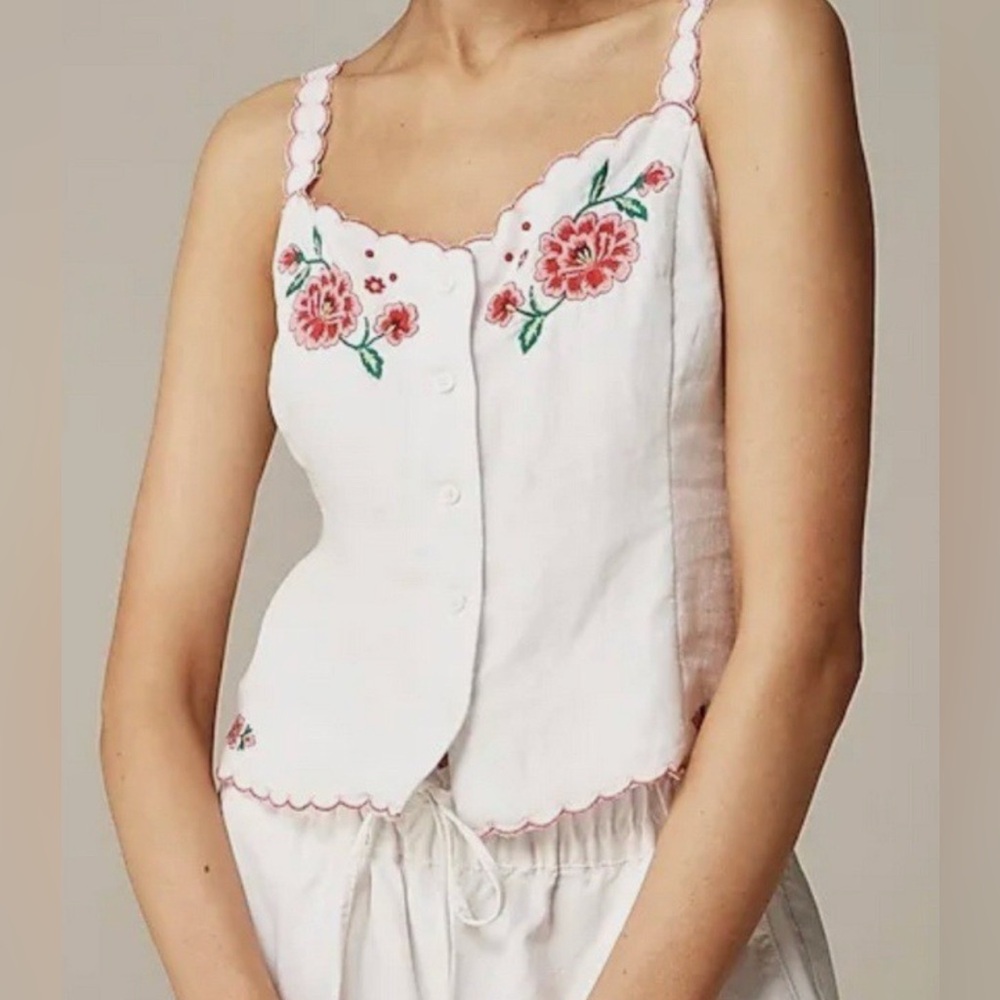 J.Crew Embroidered Scallop Trim Linen Strappy Top Floral - Picture 2 of 6